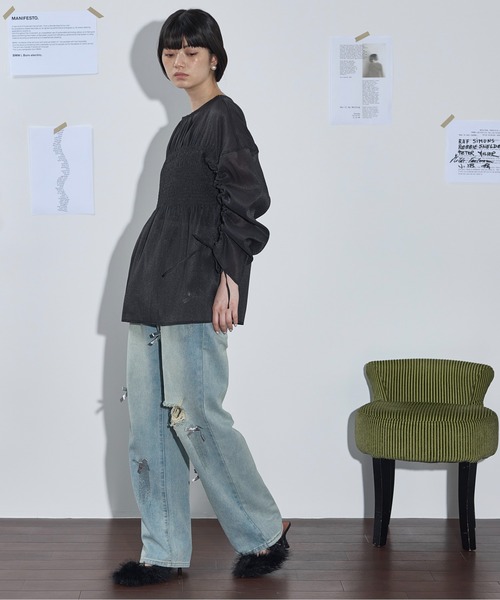 THE Yon パンツ デニム ジーンズ リボンモチーフダメージデニムパンツ 