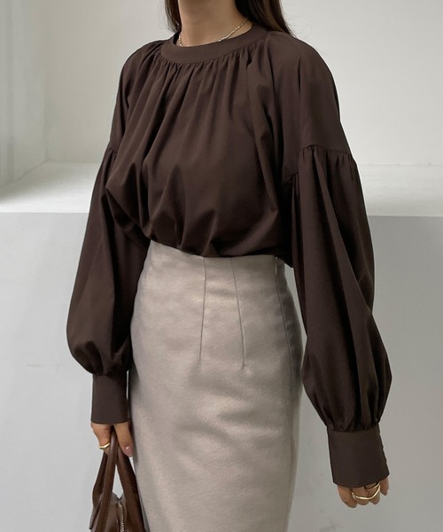 Louere（ルエレ） ブラウス シャツ スタンドカラーギャザーブラウス