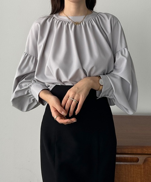 Louere（ルエレ） ブラウス シャツ スタンドカラーギャザーブラウス