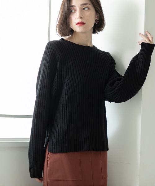 REMAKEボリュームスリーブ 黒ニットセーター 予約]ボリュームスリーブプチネックニットプルオーバー/ブラック – Lumier