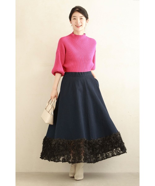 cawaii スカート 裾で広がる黒薔薇のデニム調ミディアムスカート