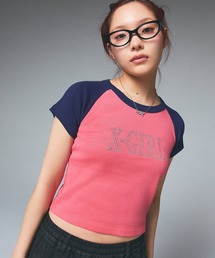 X-girl tシャツ RHINESTONE ROMAN TYPE LOGO RAGLAN S/S BABY