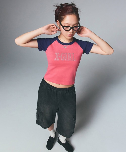 【X-girl】RHINESTONE ROMAN TYPE LOGO RAGLAN S/S BABY TEE RHINESTONE ROMAN TYPE LOGO RAGLAN S/S BABY TEE｜エックス