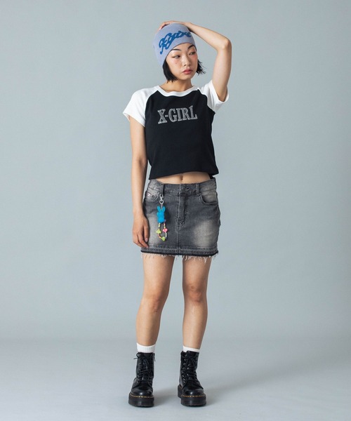 X-girl tシャツ RHINESTONE ROMAN TYPE LOGO RAGLAN S/S BABY