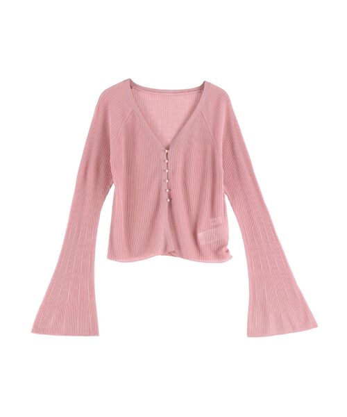 美品●パールボタン●ルネ♡ボリュームカラー ニット カーディガン 日本製 ピンク 7days Life Styling カーディガン パール調ボタンクルーネック