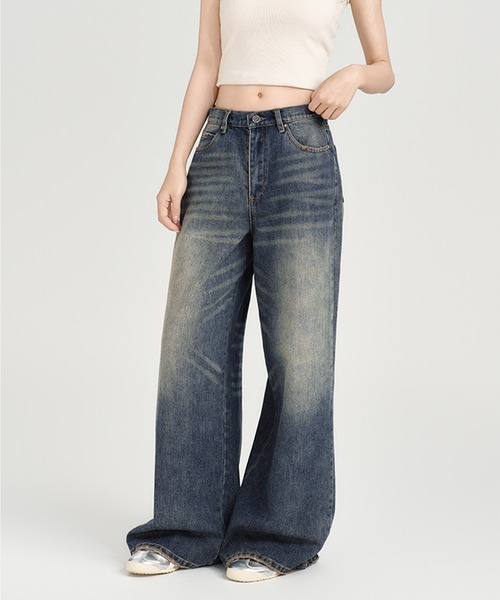 デニム パンツ ハイウエスト ウォッシュ加工 ジーンズ ルーズ 4 オーバーダイ＆ダメージルーズデニムパンツ / ビンテージ