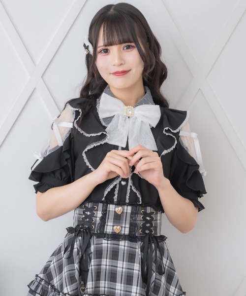 未使用品 コエル COEL プチフリルダブルシャツ ブラウス 半袖 リボン タグ付き F 黒 ブラック /YT ■GY36 レディース ROJITA ブラウス シャツ ダブルリボンラッフルフリル配色