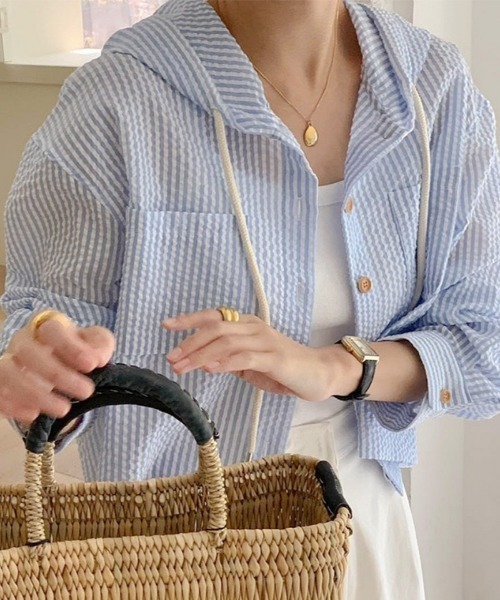【新品未使用】お値下げ⭕️MAHAL ストライプ フード付きシャツ 刺繍ブラウス ブラウス シャツ ストライプ柄 フード付きシャツ レディース