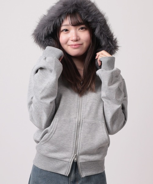 パーカー 「96」ファーフード ダブルジップ ショートパーカー