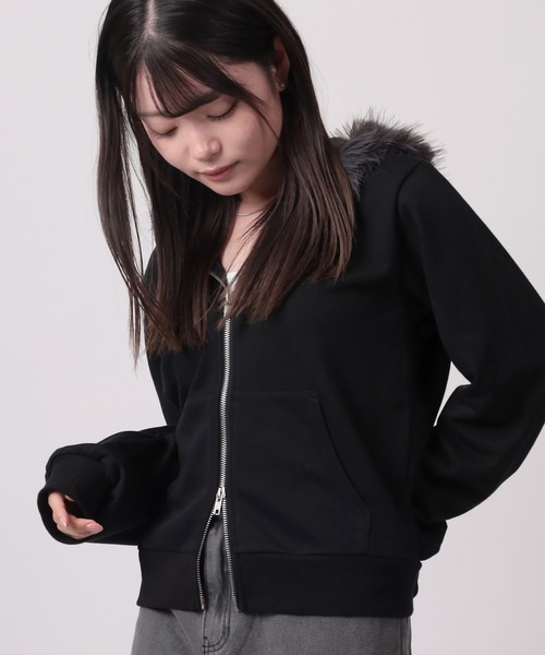 パーカー 「96」ファーフード ダブルジップ ショートパーカー