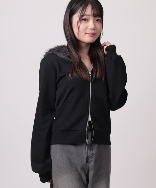 パーカー 「96」ファーフード ダブルジップ ショートパーカー