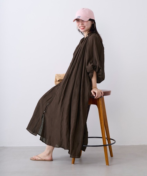 新品　MICA&DEAL タックギャザーワンピース　　　カーキ MICA&DEAL（マイカアンドディール） ワンピース 半袖 インドリネン