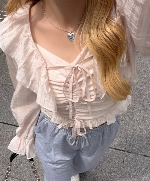 GOLDS♡肩紐ビジュー付き♡サテン×シフォン♡ラッフルフリルキャミトップスPK continuer de NICE CLAUP ブラウス シャツ ラッフルボレロ＆キャミset
