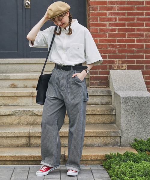 ブラウス シャツ ビッグアソートナンバリング刺繍ボタンダウン半袖