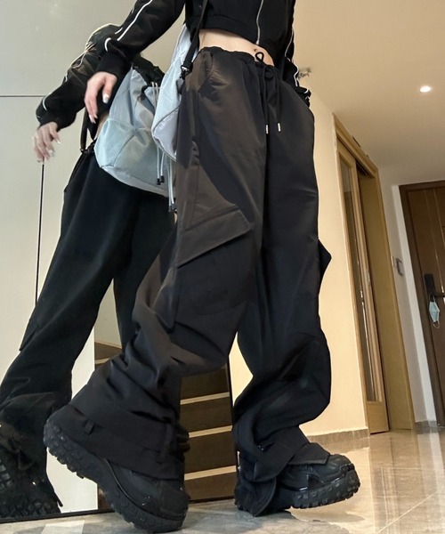 カーゴパンツ ビッグポケット 裾ドローコード ワイドシルエット 裏毛