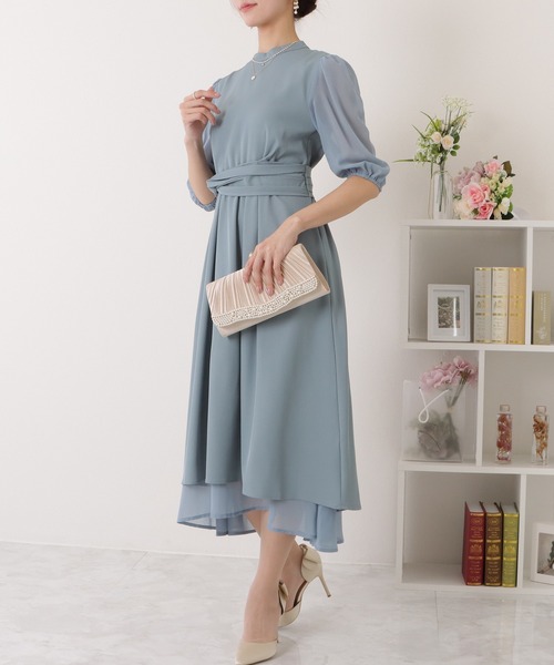 ケイミー】シフォンマキシ丈花柄ロングドレス ウエストリボン付き9号