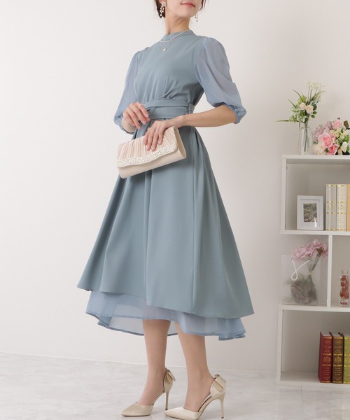 送料無料 ワンピース シフォン ウエストリボン ドレス D823 Lace Ladies ドレス ウエスト リボン プチハイ シフォン