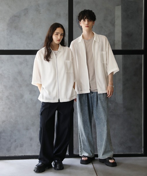 シャツ ブラウス シアーレース5分袖ジップシャツ メンズ レディース