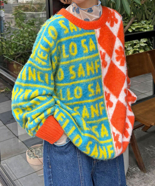 ニット セーター 「HELLO.SANFRANCISCO/ハローサンフランシスコ」柄ドッキング起毛ニット レディース HELLO.SANFRANCISCO ニット セーター 「HELLO.SANFRANCISCO