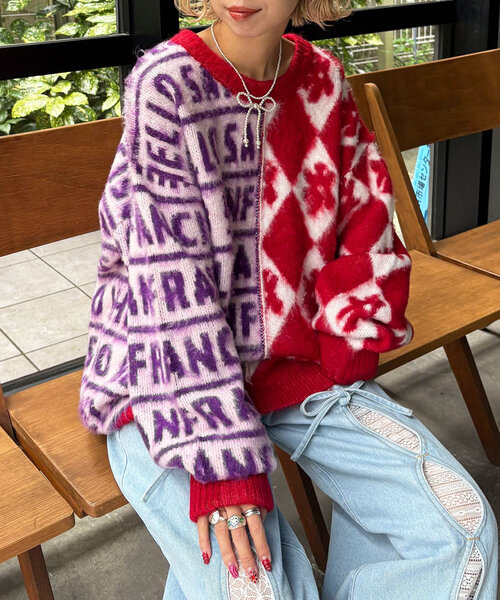 ニット セーター 「HELLO.SANFRANCISCO/ハローサンフランシスコ」柄ドッキング起毛ニット レディース HELLO.SANFRANCISCO ニット セーター 「HELLO.SANFRANCISCO