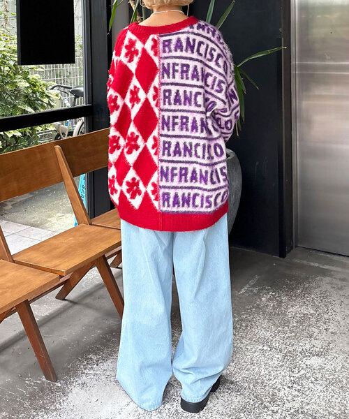 ニット セーター 「HELLO.SANFRANCISCO/ハローサンフランシスコ」柄ドッキング起毛ニット レディース HELLO.SANFRANCISCO ニット セーター 「HELLO.SANFRANCISCO