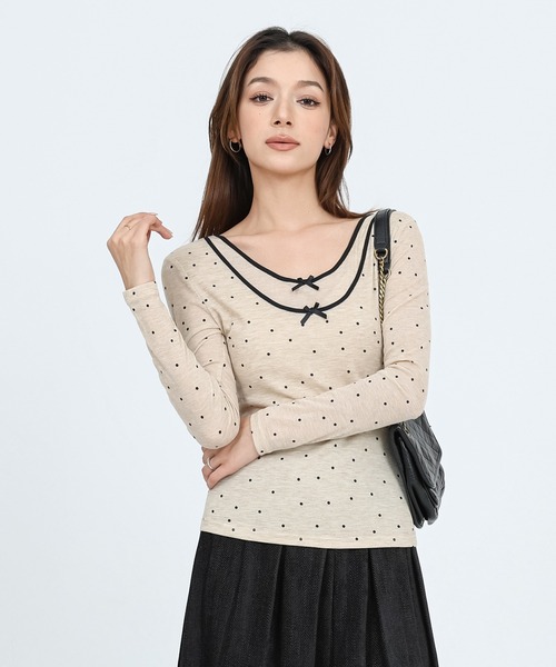 tシャツ dot ribbon fake layered tops cutsew レディース
