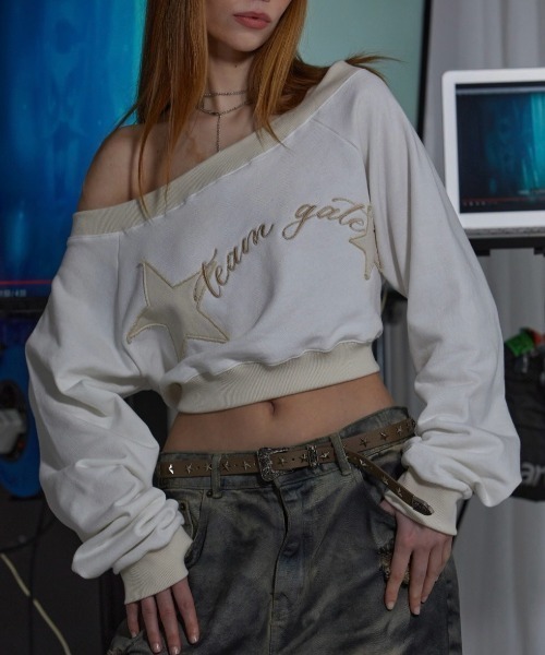 トレーナー スウェット 「GATELESS」OFF SHOULDER CROPPED SWEAT SHIRT レディース GATELESS トレーナー スウェット 「GATELESS」OFF SHOULDER