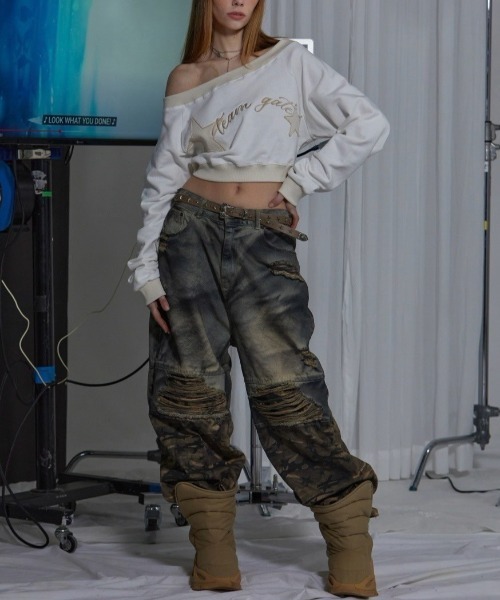 トレーナー スウェット 「GATELESS」OFF SHOULDER CROPPED SWEAT SHIRT レディース GATELESS トレーナー スウェット 「GATELESS」OFF SHOULDER