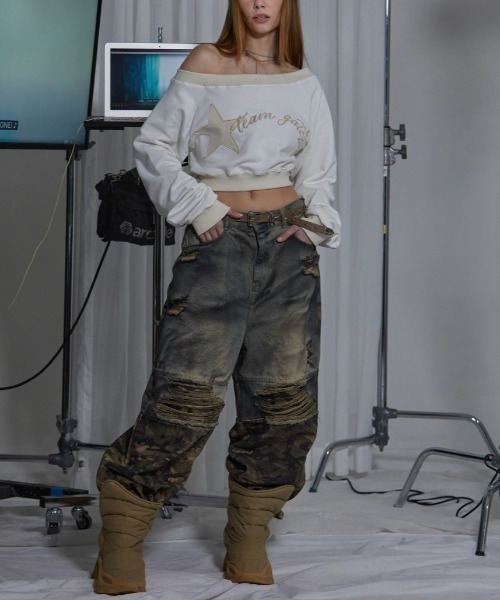 トレーナー スウェット 「GATELESS」OFF SHOULDER CROPPED SWEAT SHIRT レディース GATELESS トレーナー スウェット 「GATELESS」OFF SHOULDER