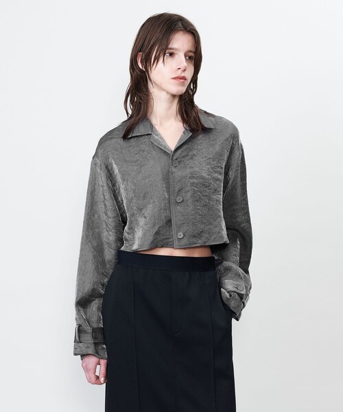 ブラウス シャツ 「ASTRAET」シャイニー クロップド オープンカラーシャツ レディース