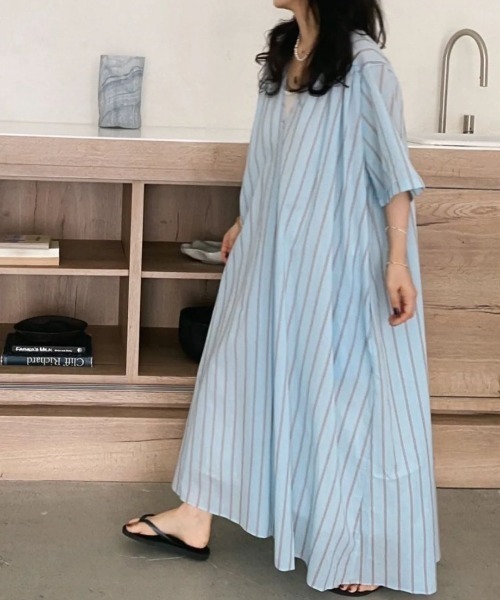 FAVORITO ワンピース 半袖 オーバーサイズVネック半袖リボン付き