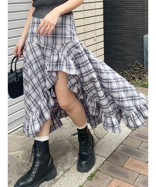 EVRIS スカート ランダムチェックアシンメトリースカート