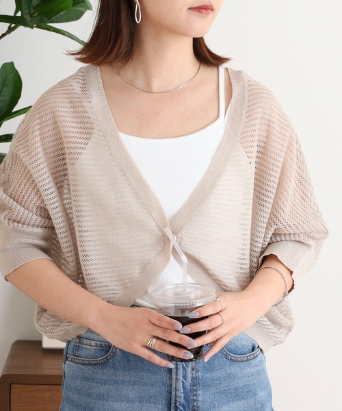 カーディガン Anna Nicola 麻混透かし編みニットボレロ レディース