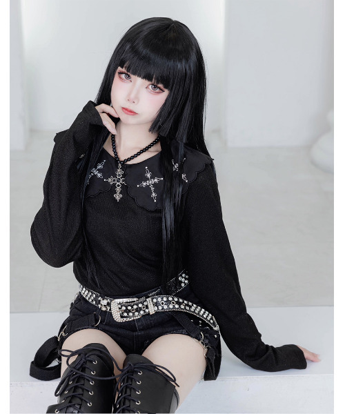 tシャツ 「ililil/イルイルイル」「地雷ちゃんのクロス刺繍キラキラリブカットソー」 レディース