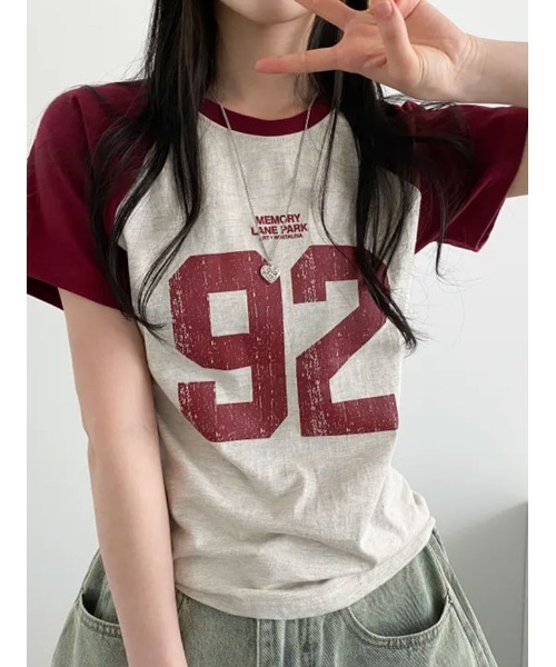 tシャツ 半袖 ナンバリングプリント ラグラン半袖Tシャツ レディース