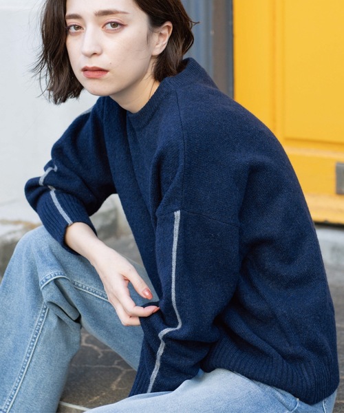 【ネイビー】エンボス加工ウールライククルーネックニットプルオーバー <LADIES LINE> (LADIES) nAvy もちり もちもち 洗えるニット 肩ボタンクルーネック レディース