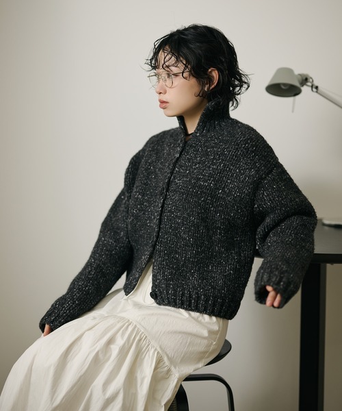 ユキトリイ ヴィンテージ ニット カーディガン ショート丈 ハイネック 黒 YUKI TORII ユキトリイ シワ加工♪立体素材 カーディガン Mの通販はau