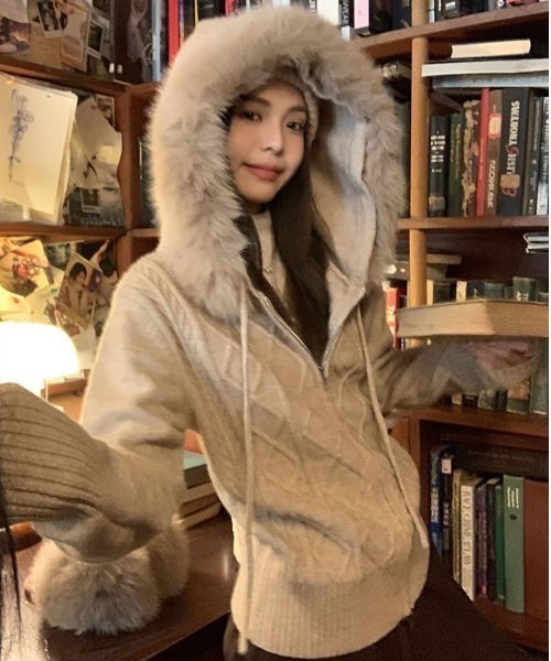 ViViDAY カーディガン エコファーフード付きニットカーディガン