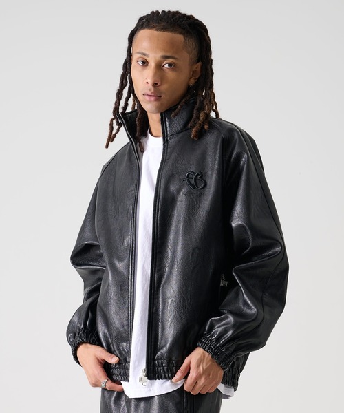 美品！FUBU レザージャケット Lサイズ 黒 FUBU（フブ） ブルゾン アウター ブランド Faux Leather Track Jacket