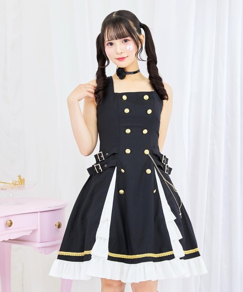 body line 懐古ロリ　黒白ジャンパースカート BODYLINE ワンピース 3wayゴールドチェーンのパンクジャンパースカート
