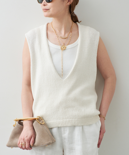 ベスト ジレ Lily Linen Vネック ベスト レディースの画像