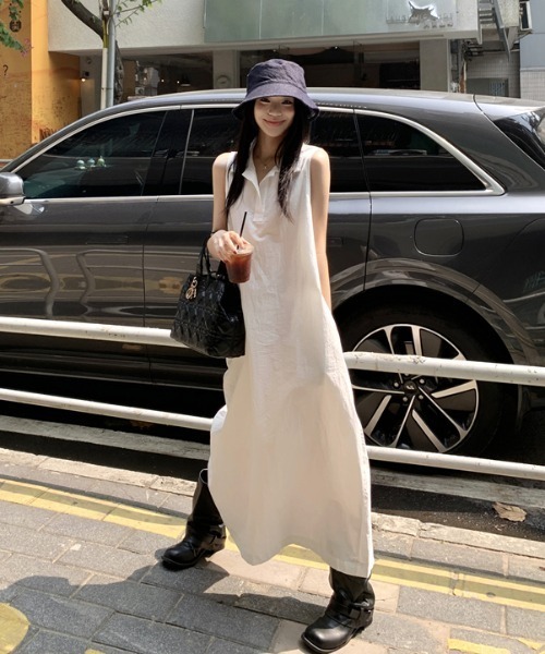 Aelina シャツワンピース ポロカラーノースリーブワンピース