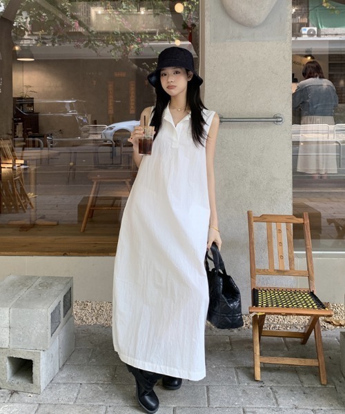 Aelina シャツワンピース ポロカラーノースリーブワンピース