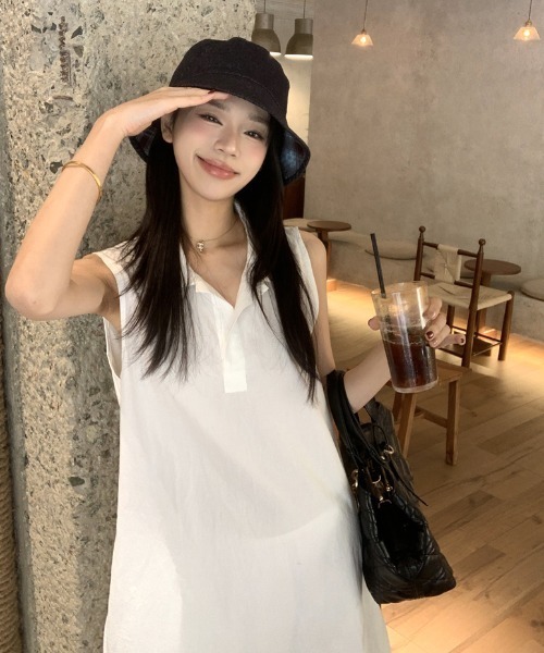 Aelina シャツワンピース ポロカラーノースリーブワンピース