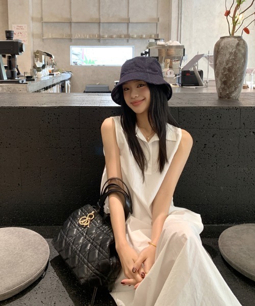 Aelina シャツワンピース ポロカラーノースリーブワンピース
