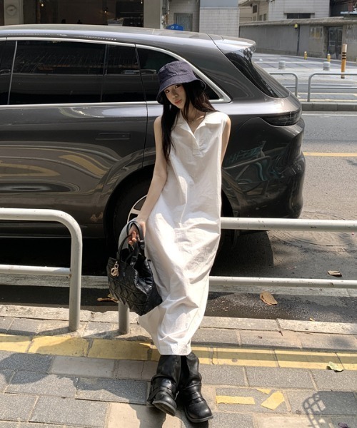Aelina シャツワンピース ポロカラーノースリーブワンピース