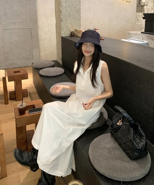 Aelina シャツワンピース ポロカラーノースリーブワンピース