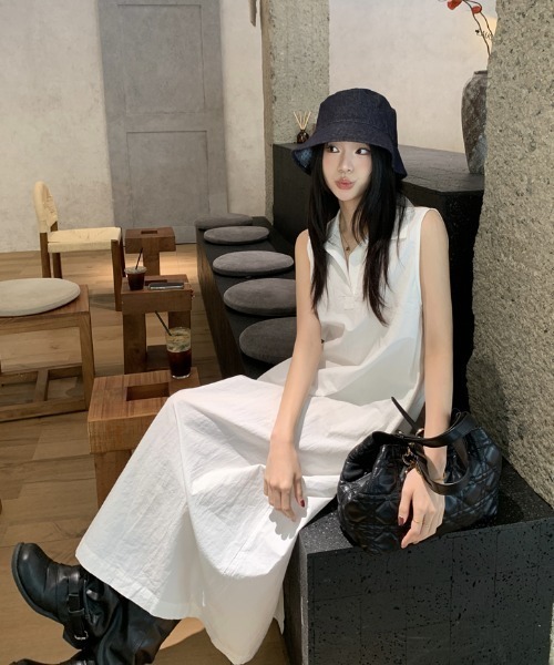 ノースリーブ ポロワンピース ブラック×ホワイト Aelina シャツワンピース ポロカラーノースリーブワンピース