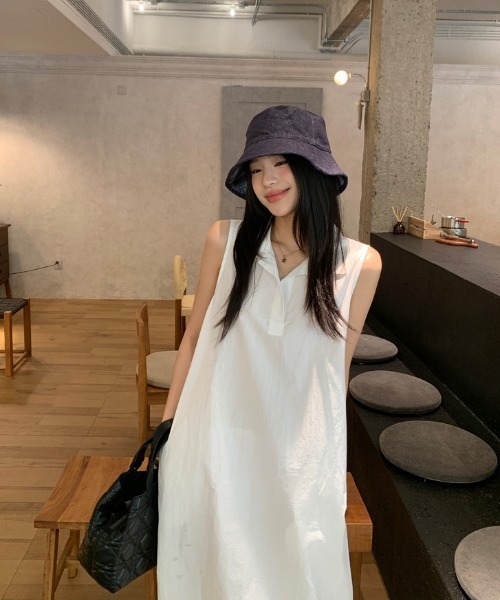 Aelina シャツワンピース ポロカラーノースリーブワンピース