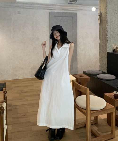 Aelina シャツワンピース ポロカラーノースリーブワンピース